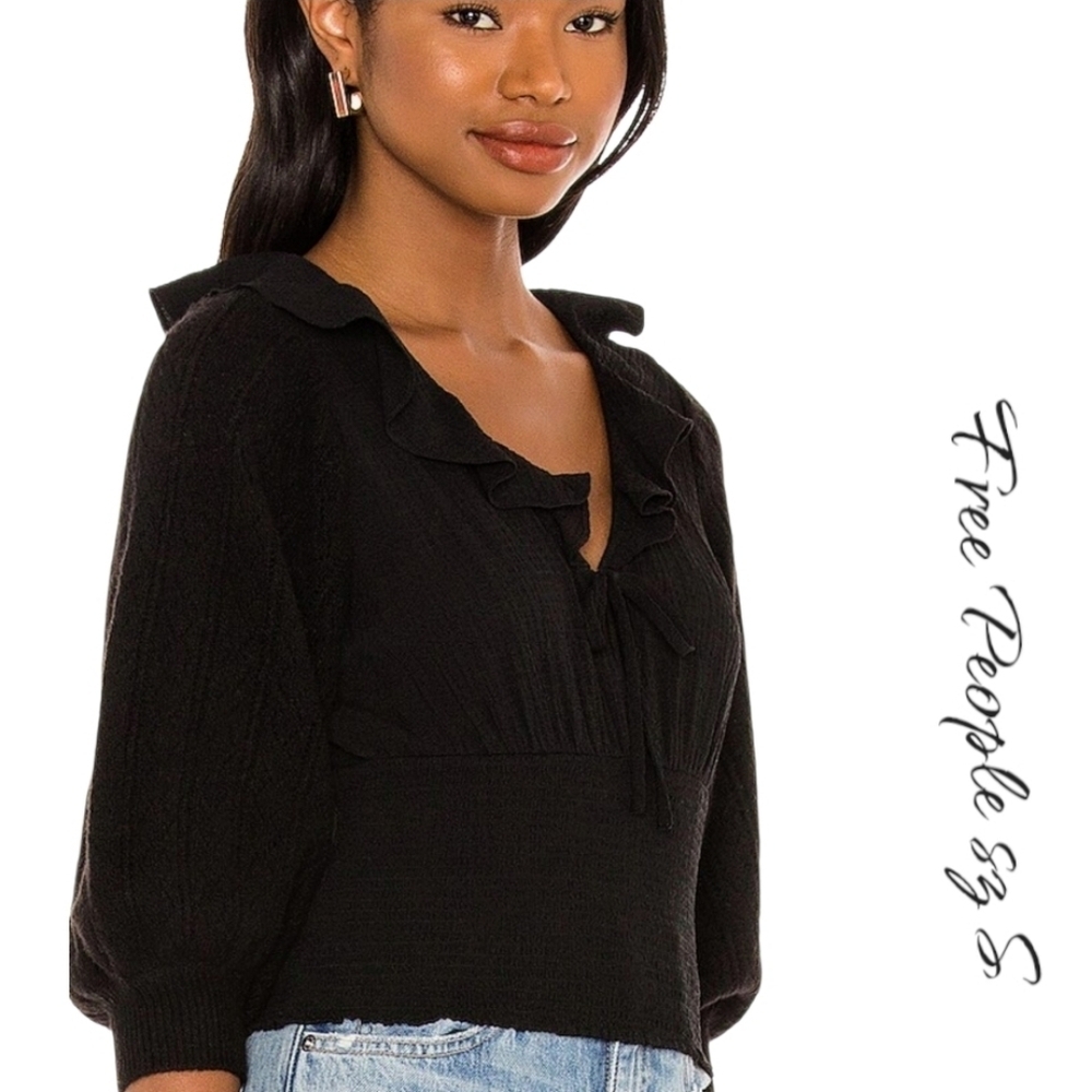 NWT Free People Billie Black Ruffle Smocked Sweater S